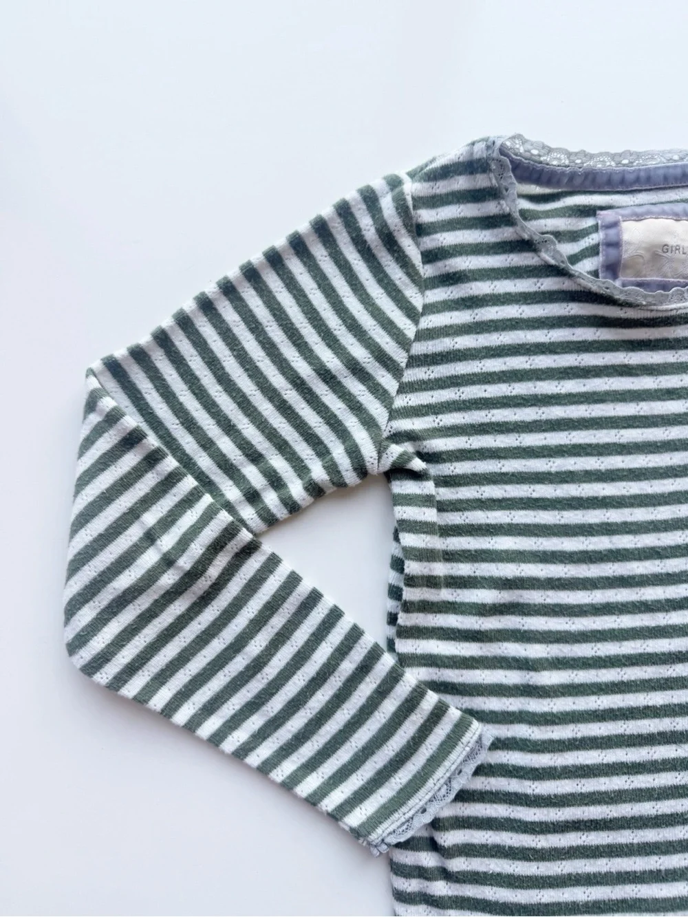 Mini Boden Striped Pointelle Long Sleeved Tee Green and White Size 5/6